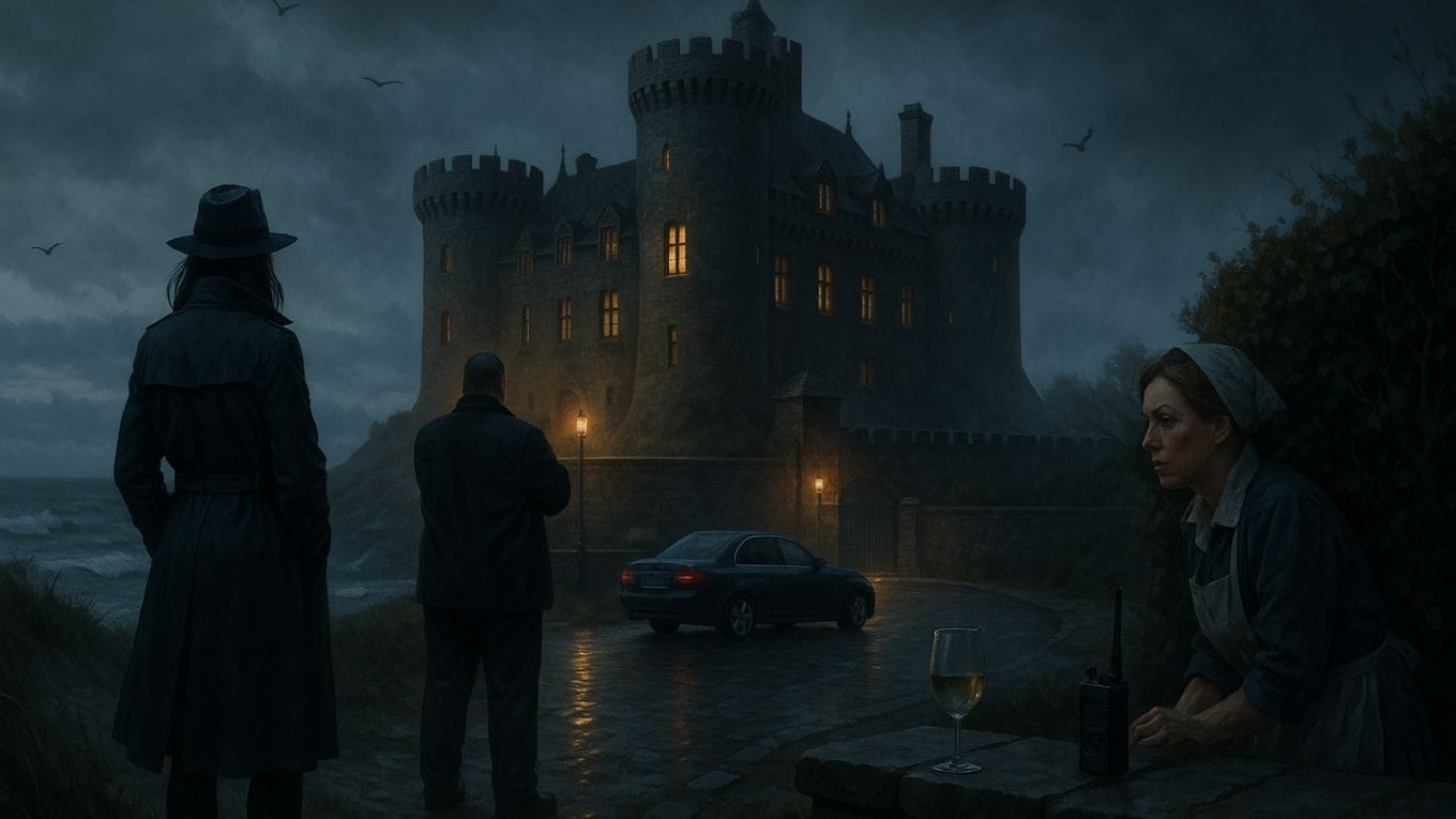 Scène nocturne d’un château breton en bord de mer sous la pluie, observé par deux enquêteurs et une femme déguisée en femme de ménage cachée derrière un muret.