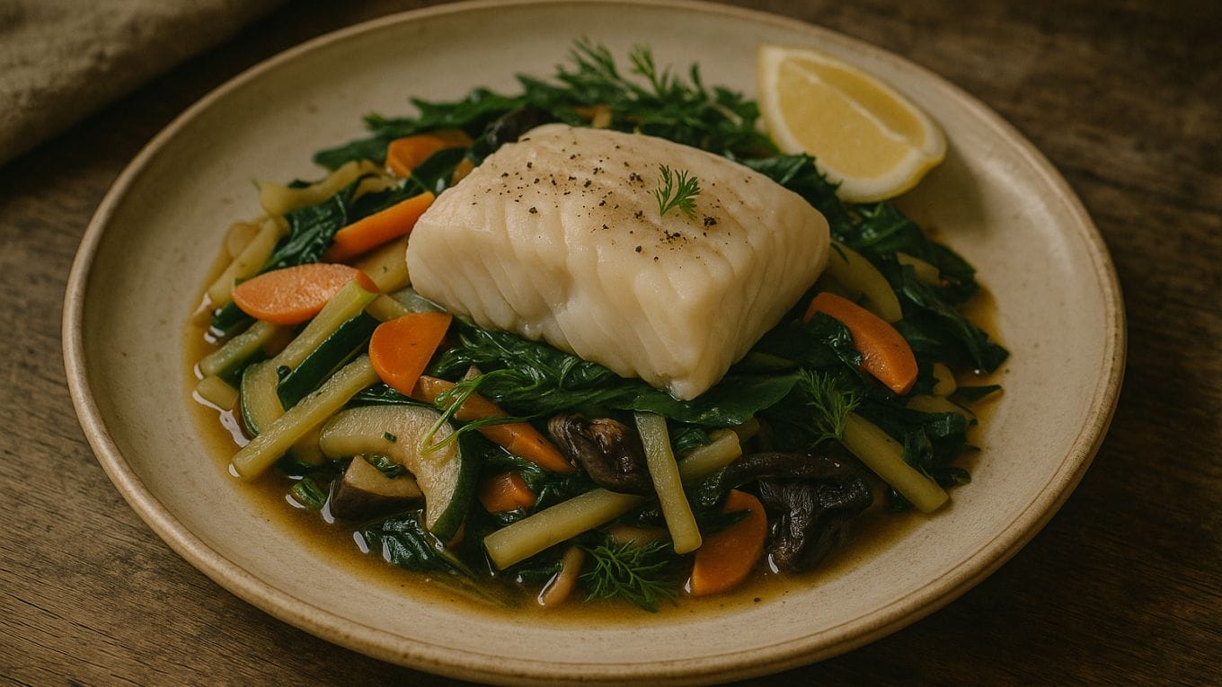 Dos de cabillaud vapeur sur poêlée de légumes croquants : carottes, courgettes, aubergines, champignons et blettes, servi avec un quartier de citron.
