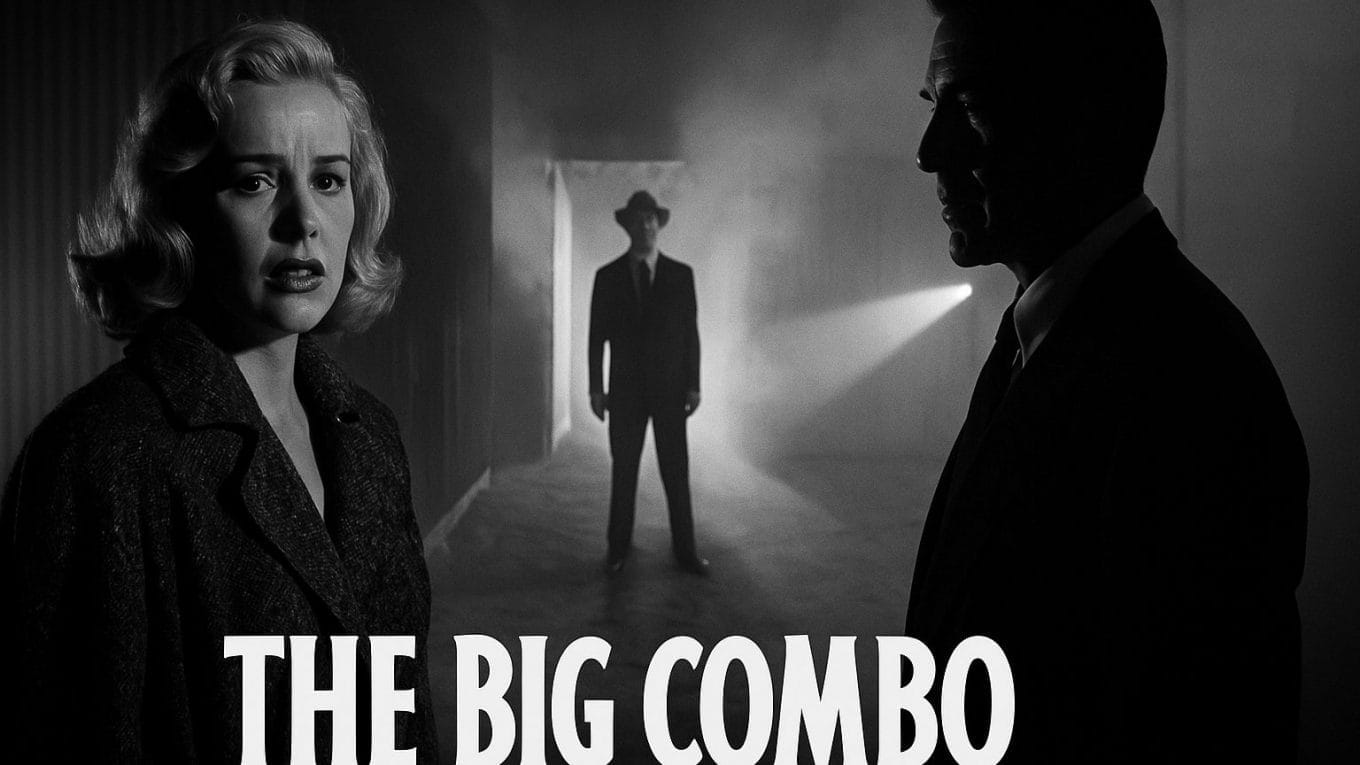 Illustration du film noir The Big Combo (1955), ambiance en clair-obscur dans un hangar, avec silhouettes dramatiques et lumière de projecteur.